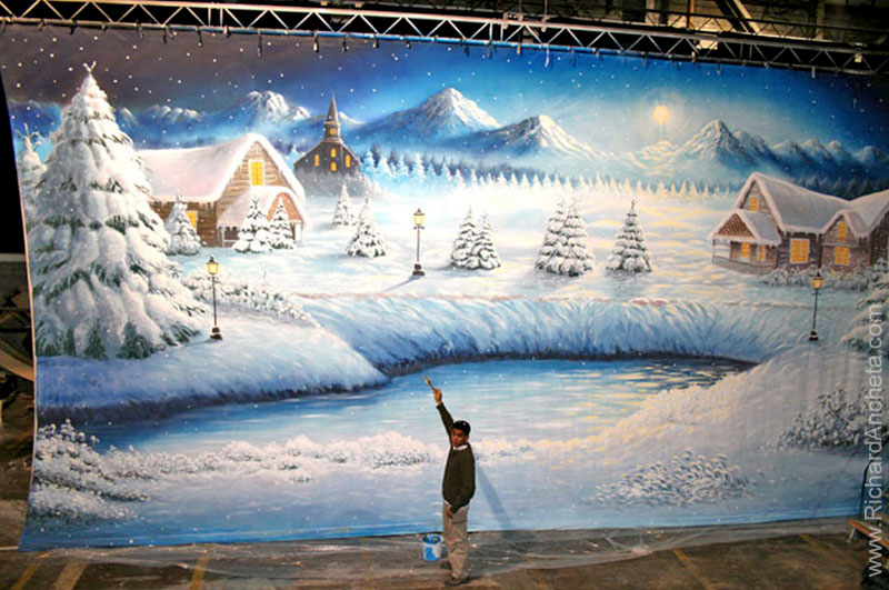 Richard Ancheta - backdrops airbrush painting with winter landscape moonlight of snowy county of mount tremblant - Montreal.